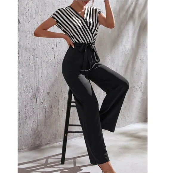 Striped Top V-Neck Surplice Short Sleeve White Black Wide Leg Jumpsuit - Picture 7 of 14